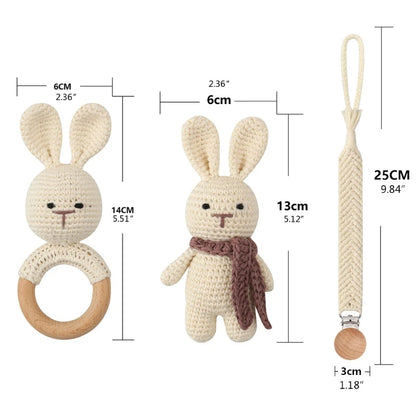 Crochet Bunny Baby Teether & Rattle Set | Beech Wooden Teething Ring + Pacifier Clip | Newborn Montessori Educational Toy