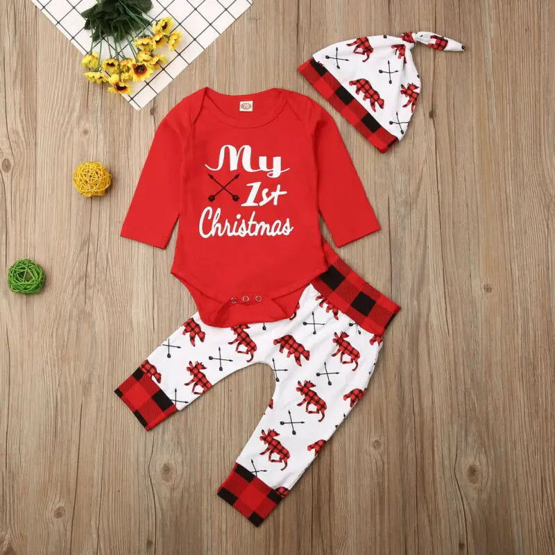 Baby Boy “My First Christmas” Outfit Set | Letter Print Romper + Pants + Hat (2–3 Pcs, Newborn–18 Months)