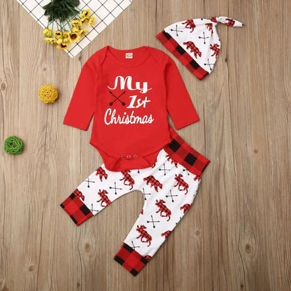 Baby Boy “My First Christmas” Outfit Set | Letter Print Romper + Pants + Hat (2–3 Pcs, Newborn–18 Months)