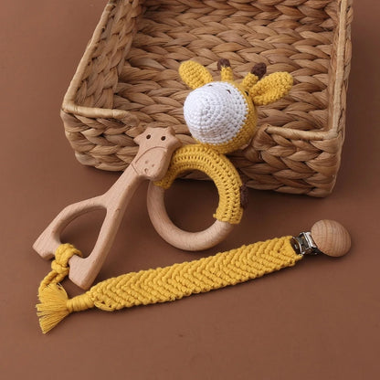 Crochet Bunny Baby Teether & Rattle Set | Beech Wooden Teething Ring + Pacifier Clip | Newborn Montessori Educational Toy