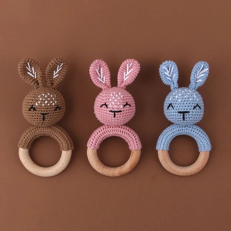 Crochet Bunny Baby Teether & Rattle Set | Beech Wooden Teething Ring + Pacifier Clip | Newborn Montessori Educational Toy