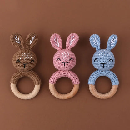Crochet Bunny Baby Teether & Rattle Set | Beech Wooden Teething Ring + Pacifier Clip | Newborn Montessori Educational Toy