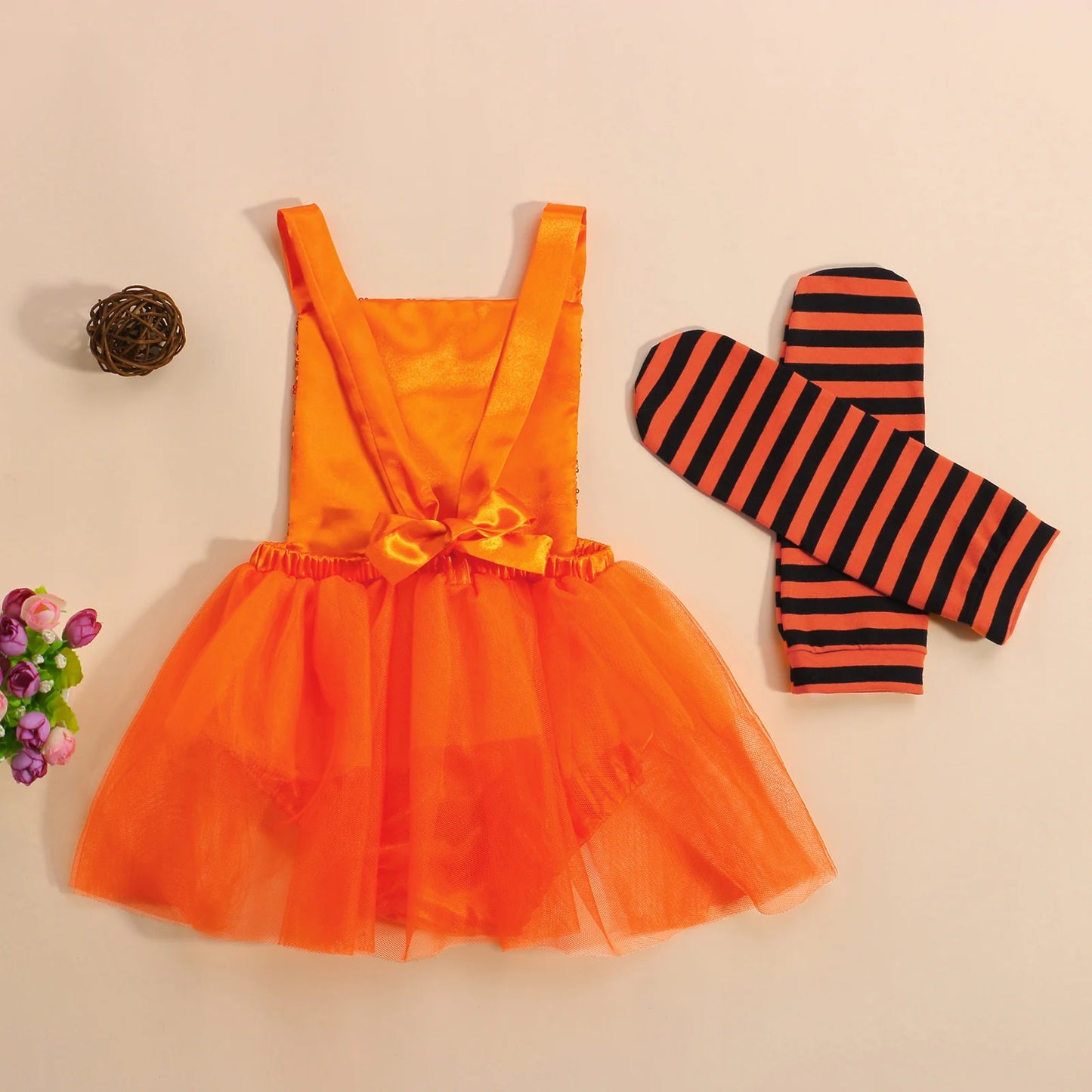 Baby Girl Halloween Outfit | Sleeveless Sequin Tulle Romper Jumpsuit + Striped Leg Warmers | Infant Toddler Costume Clothes