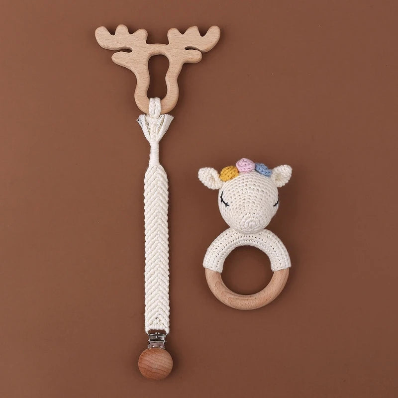 Crochet Bunny Baby Teether & Rattle Set | Beech Wooden Teething Ring + Pacifier Clip | Newborn Montessori Educational Toy