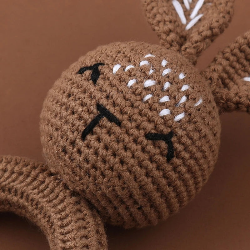 Crochet Bunny Baby Teether & Rattle Set | Beech Wooden Teething Ring + Pacifier Clip | Newborn Montessori Educational Toy