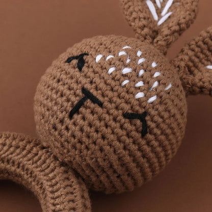 Crochet Bunny Baby Teether & Rattle Set | Beech Wooden Teething Ring + Pacifier Clip | Newborn Montessori Educational Toy