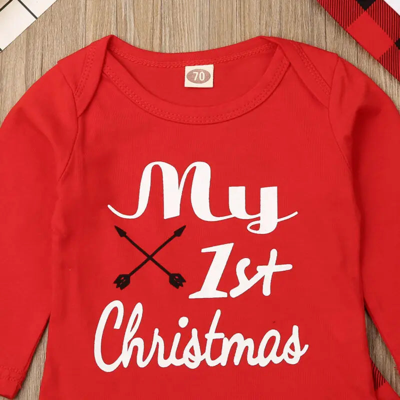 Baby Boy “My First Christmas” Outfit Set | Letter Print Romper + Pants + Hat (2–3 Pcs, Newborn–18 Months)