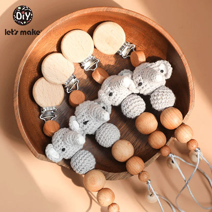Baby Pacifier Chain – Elephant Wooden Clip with Geometric Crochet Beads | Teething Toy, Dummy Clip & Pacifier Holder for Infants