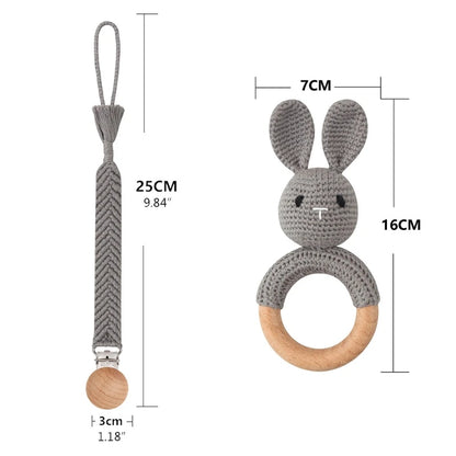 Crochet Bunny Baby Teether & Rattle Set | Beech Wooden Teething Ring + Pacifier Clip | Newborn Montessori Educational Toy