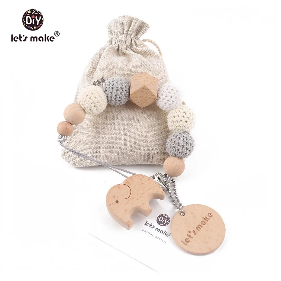 Baby Pacifier Chain – Elephant Wooden Clip with Geometric Crochet Beads | Teething Toy, Dummy Clip & Pacifier Holder for Infants