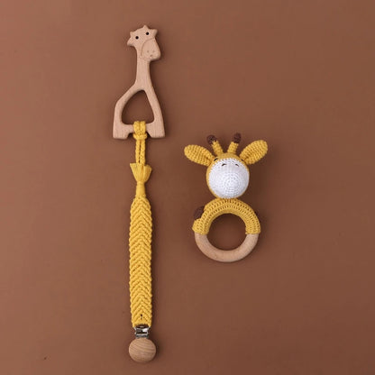 Crochet Bunny Baby Teether & Rattle Set | Beech Wooden Teething Ring + Pacifier Clip | Newborn Montessori Educational Toy