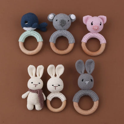 Crochet Bunny Baby Teether & Rattle Set | Beech Wooden Teething Ring + Pacifier Clip | Newborn Montessori Educational Toy