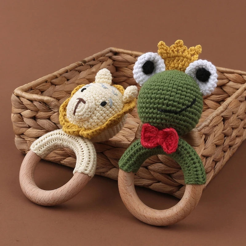 Crochet Bunny Baby Teether & Rattle Set | Beech Wooden Teething Ring + Pacifier Clip | Newborn Montessori Educational Toy