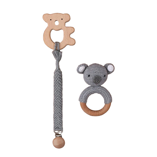 Crochet Bunny Baby Teether & Rattle Set | Beech Wooden Teething Ring + Pacifier Clip | Newborn Montessori Educational Toy