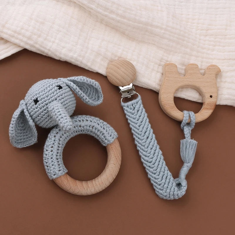 Crochet Bunny Baby Teether & Rattle Set | Beech Wooden Teething Ring + Pacifier Clip | Newborn Montessori Educational Toy