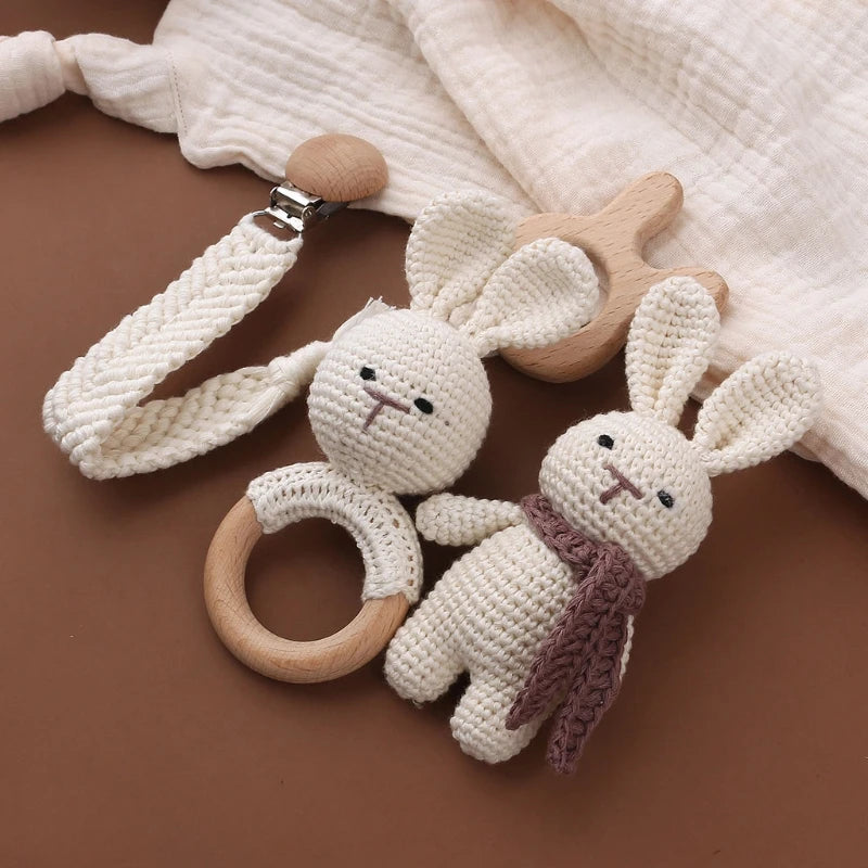 Crochet Bunny Baby Teether & Rattle Set | Beech Wooden Teething Ring + Pacifier Clip | Newborn Montessori Educational Toy