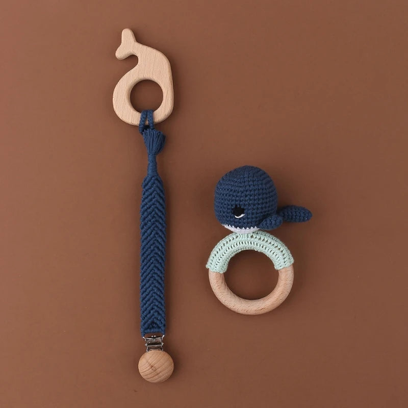 Crochet Bunny Baby Teether & Rattle Set | Beech Wooden Teething Ring + Pacifier Clip | Newborn Montessori Educational Toy