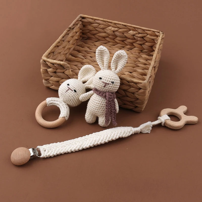Crochet Bunny Baby Teether & Rattle Set | Beech Wooden Teething Ring + Pacifier Clip | Newborn Montessori Educational Toy