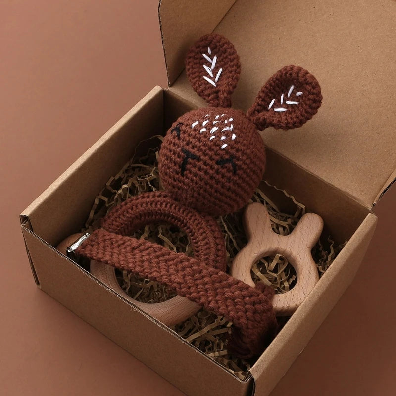 Crochet Bunny Baby Teether & Rattle Set | Beech Wooden Teething Ring + Pacifier Clip | Newborn Montessori Educational Toy