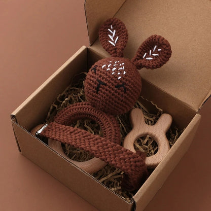 Crochet Bunny Baby Teether & Rattle Set | Beech Wooden Teething Ring + Pacifier Clip | Newborn Montessori Educational Toy