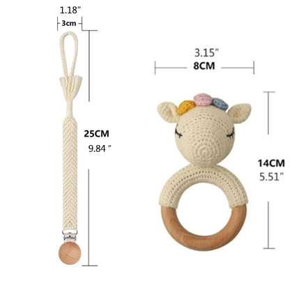 Crochet Bunny Baby Teether & Rattle Set | Beech Wooden Teething Ring + Pacifier Clip | Newborn Montessori Educational Toy