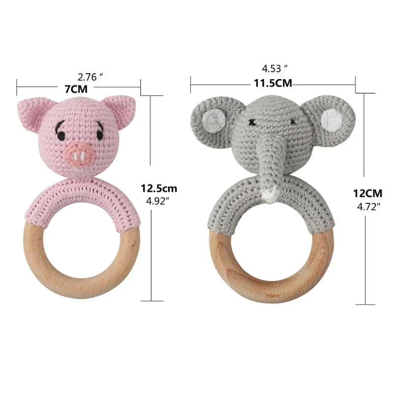 Crochet Bunny Baby Teether & Rattle Set | Beech Wooden Teething Ring + Pacifier Clip | Newborn Montessori Educational Toy