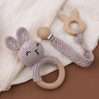 Crochet Bunny Baby Teether & Rattle Set | Beech Wooden Teething Ring + Pacifier Clip | Newborn Montessori Educational Toy