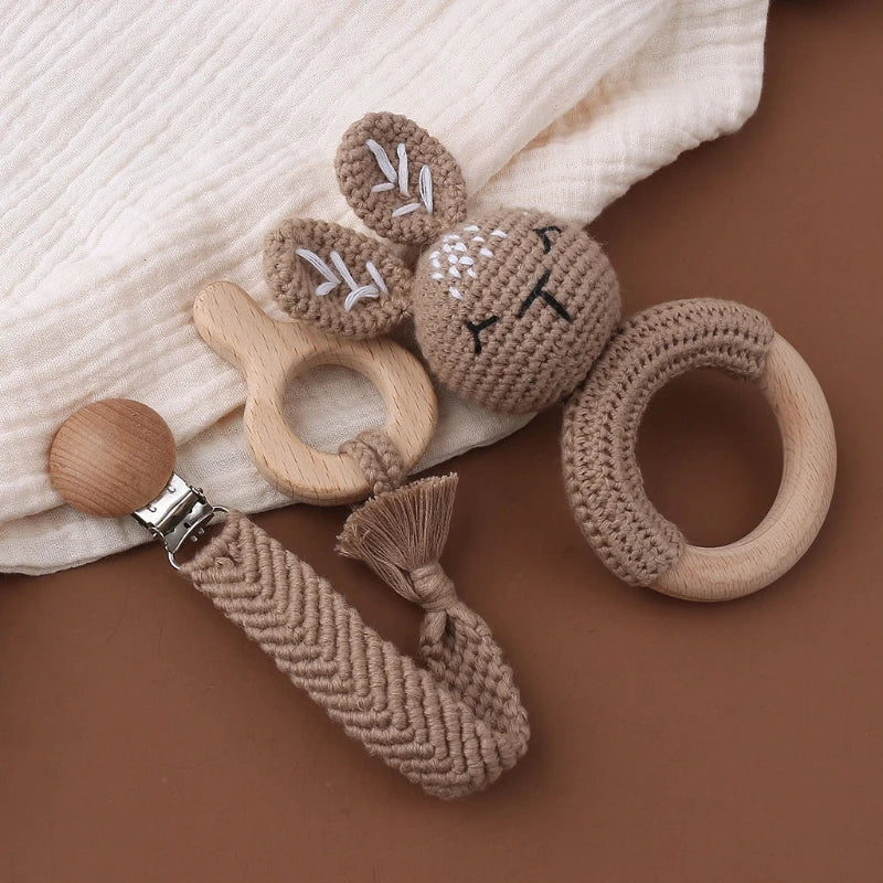 Crochet Bunny Baby Teether & Rattle Set | Beech Wooden Teething Ring + Pacifier Clip | Newborn Montessori Educational Toy