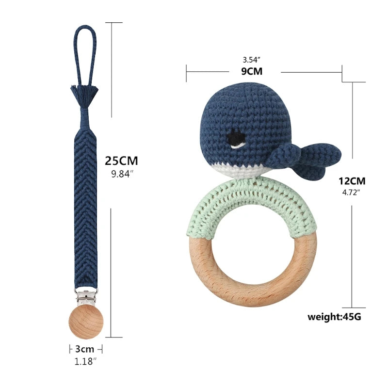 Crochet Bunny Baby Teether & Rattle Set | Beech Wooden Teething Ring + Pacifier Clip | Newborn Montessori Educational Toy