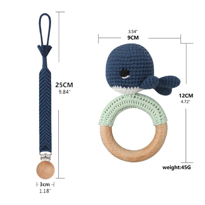 Crochet Bunny Baby Teether & Rattle Set | Beech Wooden Teething Ring + Pacifier Clip | Newborn Montessori Educational Toy