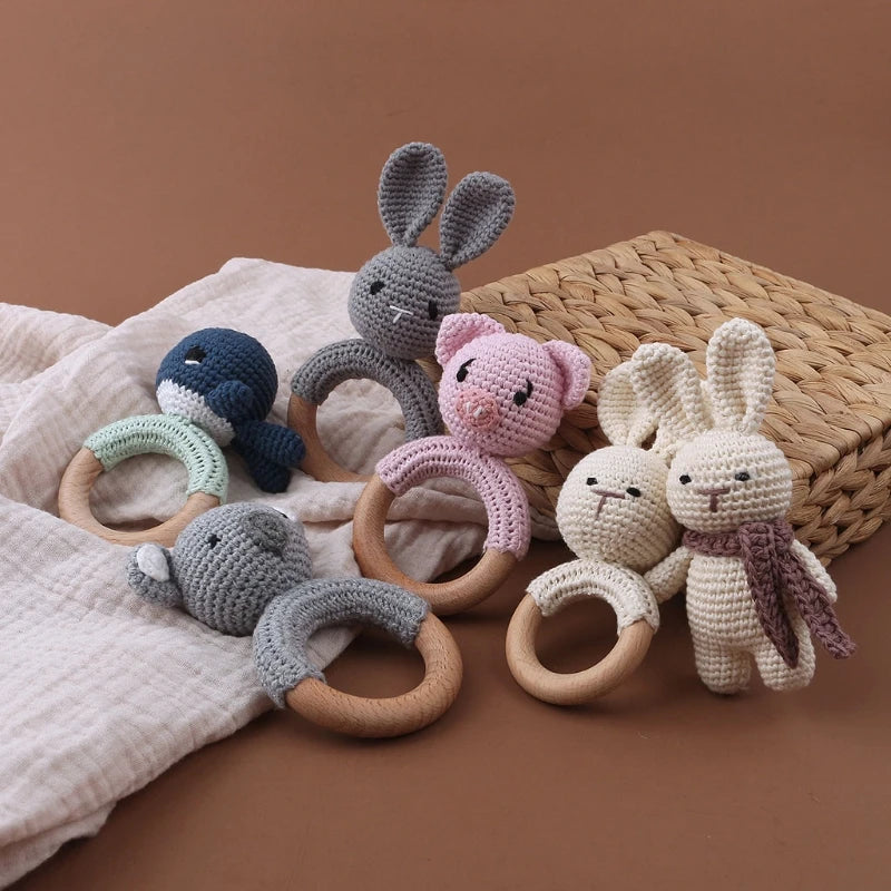 Crochet Bunny Baby Teether & Rattle Set | Beech Wooden Teething Ring + Pacifier Clip | Newborn Montessori Educational Toy
