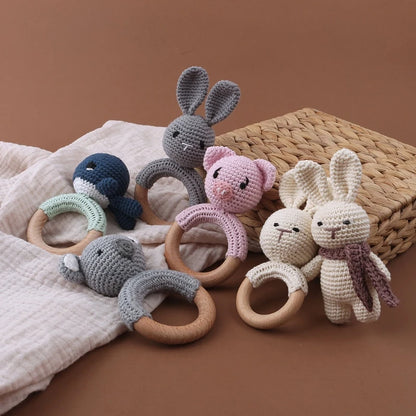 Crochet Bunny Baby Teether & Rattle Set | Beech Wooden Teething Ring + Pacifier Clip | Newborn Montessori Educational Toy