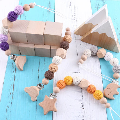 Baby Pacifier Chain – Elephant Wooden Clip with Geometric Crochet Beads | Teething Toy, Dummy Clip & Pacifier Holder for Infants