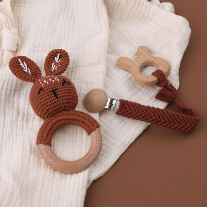 Crochet Bunny Baby Teether & Rattle Set | Beech Wooden Teething Ring + Pacifier Clip | Newborn Montessori Educational Toy