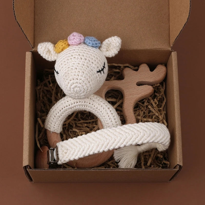 Crochet Bunny Baby Teether & Rattle Set | Beech Wooden Teething Ring + Pacifier Clip | Newborn Montessori Educational Toy