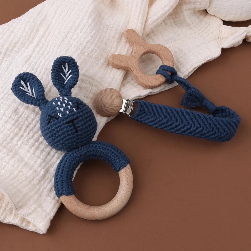 Crochet Bunny Baby Teether & Rattle Set | Beech Wooden Teething Ring + Pacifier Clip | Newborn Montessori Educational Toy