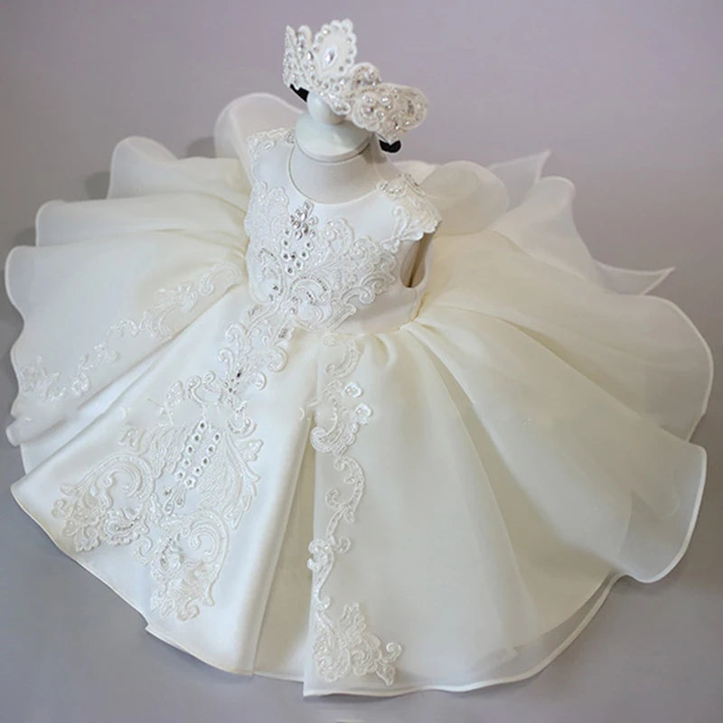 Baby Girl Elegant Dress | White & Pink Princess Outfit | 1st Birthday, Baptism, Christmas & Christening Party Dress