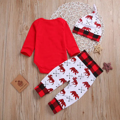 Baby Boy “My First Christmas” Outfit Set | Letter Print Romper + Pants + Hat (2–3 Pcs, Newborn–18 Months)