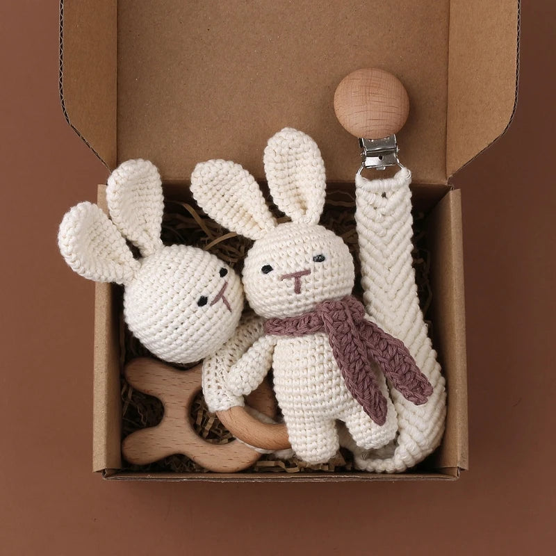 Crochet Bunny Baby Teether & Rattle Set | Beech Wooden Teething Ring + Pacifier Clip | Newborn Montessori Educational Toy