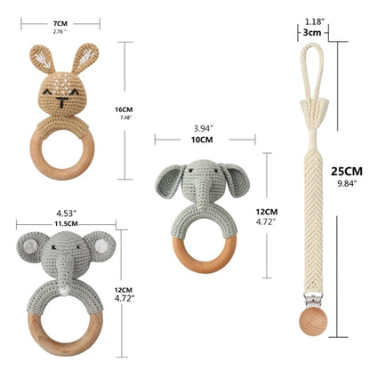 Crochet Bunny Baby Teether & Rattle Set | Beech Wooden Teething Ring + Pacifier Clip | Newborn Montessori Educational Toy
