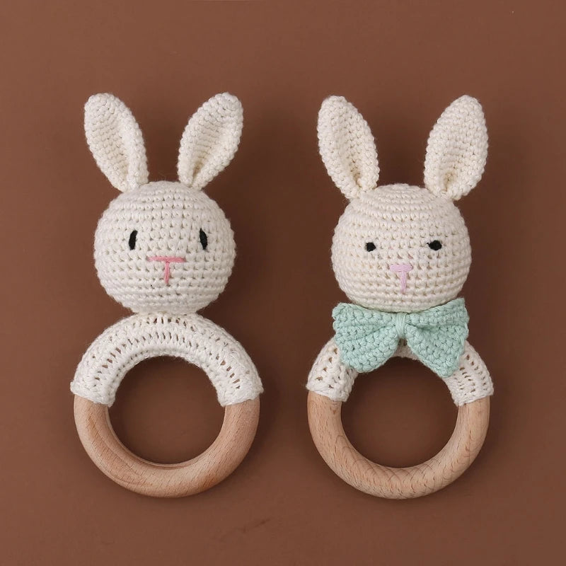 Crochet Bunny Baby Teether & Rattle Set | Beech Wooden Teething Ring + Pacifier Clip | Newborn Montessori Educational Toy