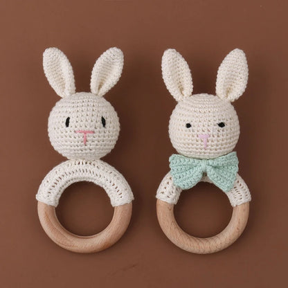 Crochet Bunny Baby Teether & Rattle Set | Beech Wooden Teething Ring + Pacifier Clip | Newborn Montessori Educational Toy