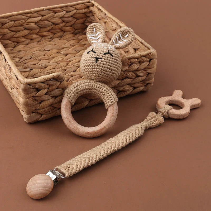 Crochet Bunny Baby Teether & Rattle Set | Beech Wooden Teething Ring + Pacifier Clip | Newborn Montessori Educational Toy