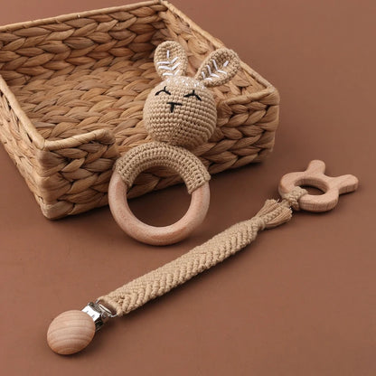Crochet Bunny Baby Teether & Rattle Set | Beech Wooden Teething Ring + Pacifier Clip | Newborn Montessori Educational Toy