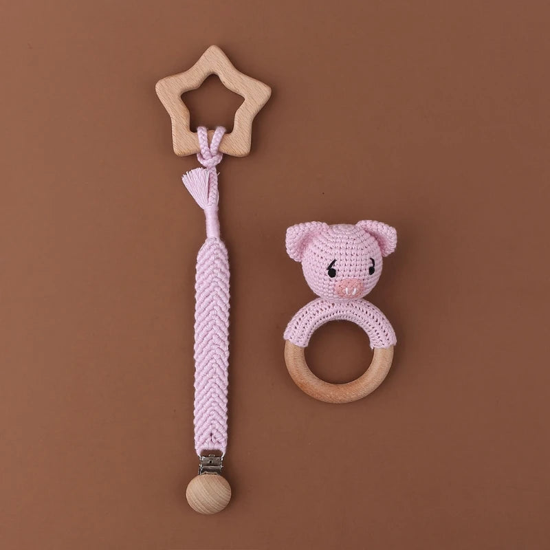 Crochet Bunny Baby Teether & Rattle Set | Beech Wooden Teething Ring + Pacifier Clip | Newborn Montessori Educational Toy