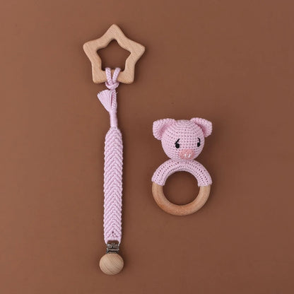 Crochet Bunny Baby Teether & Rattle Set | Beech Wooden Teething Ring + Pacifier Clip | Newborn Montessori Educational Toy
