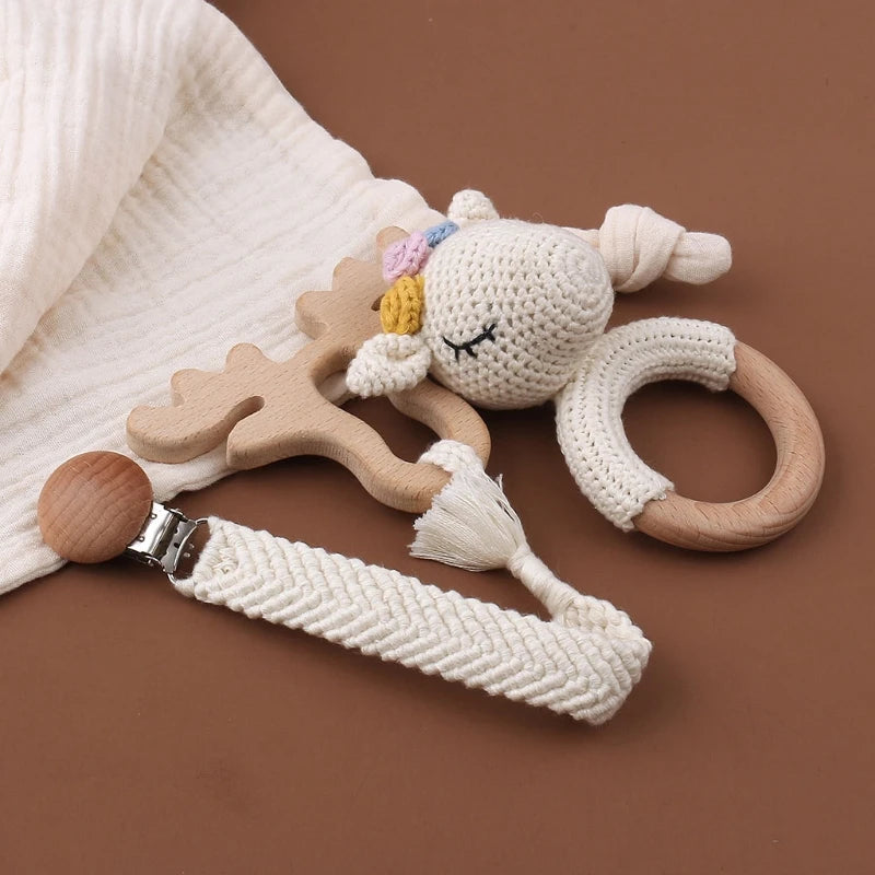 Crochet Bunny Baby Teether & Rattle Set | Beech Wooden Teething Ring + Pacifier Clip | Newborn Montessori Educational Toy