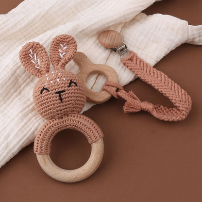 Crochet Bunny Baby Teether & Rattle Set | Beech Wooden Teething Ring + Pacifier Clip | Newborn Montessori Educational Toy