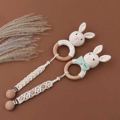 Crochet Bunny Baby Teether & Rattle Set | Beech Wooden Teething Ring + Pacifier Clip | Newborn Montessori Educational Toy