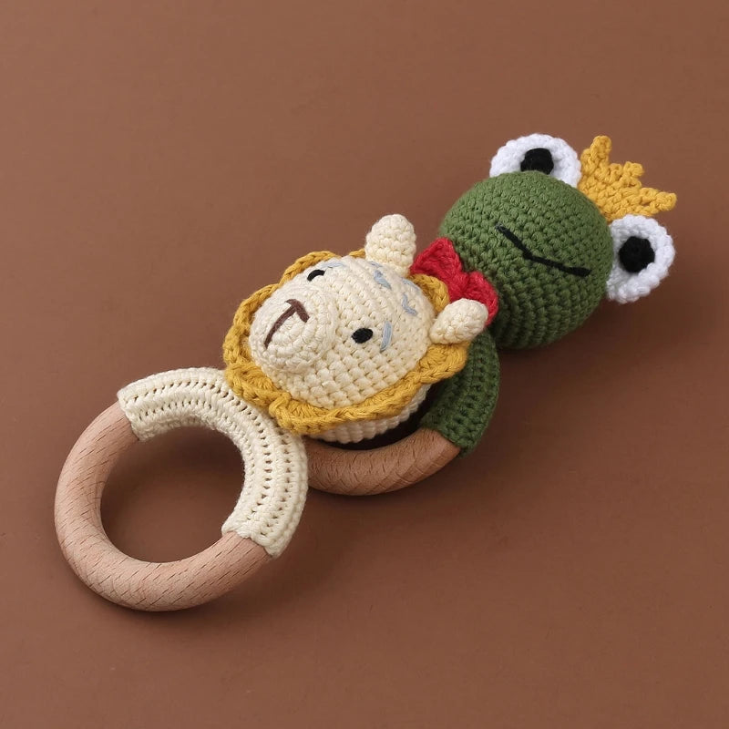 Crochet Bunny Baby Teether & Rattle Set | Beech Wooden Teething Ring + Pacifier Clip | Newborn Montessori Educational Toy